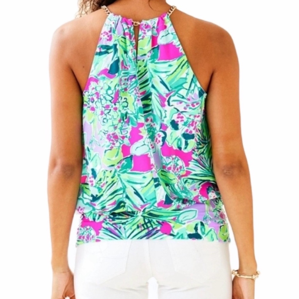 Lilly Pulitzer Pink & Green Tropical Halter Shell with Chain Neck - Picture 3 of 7